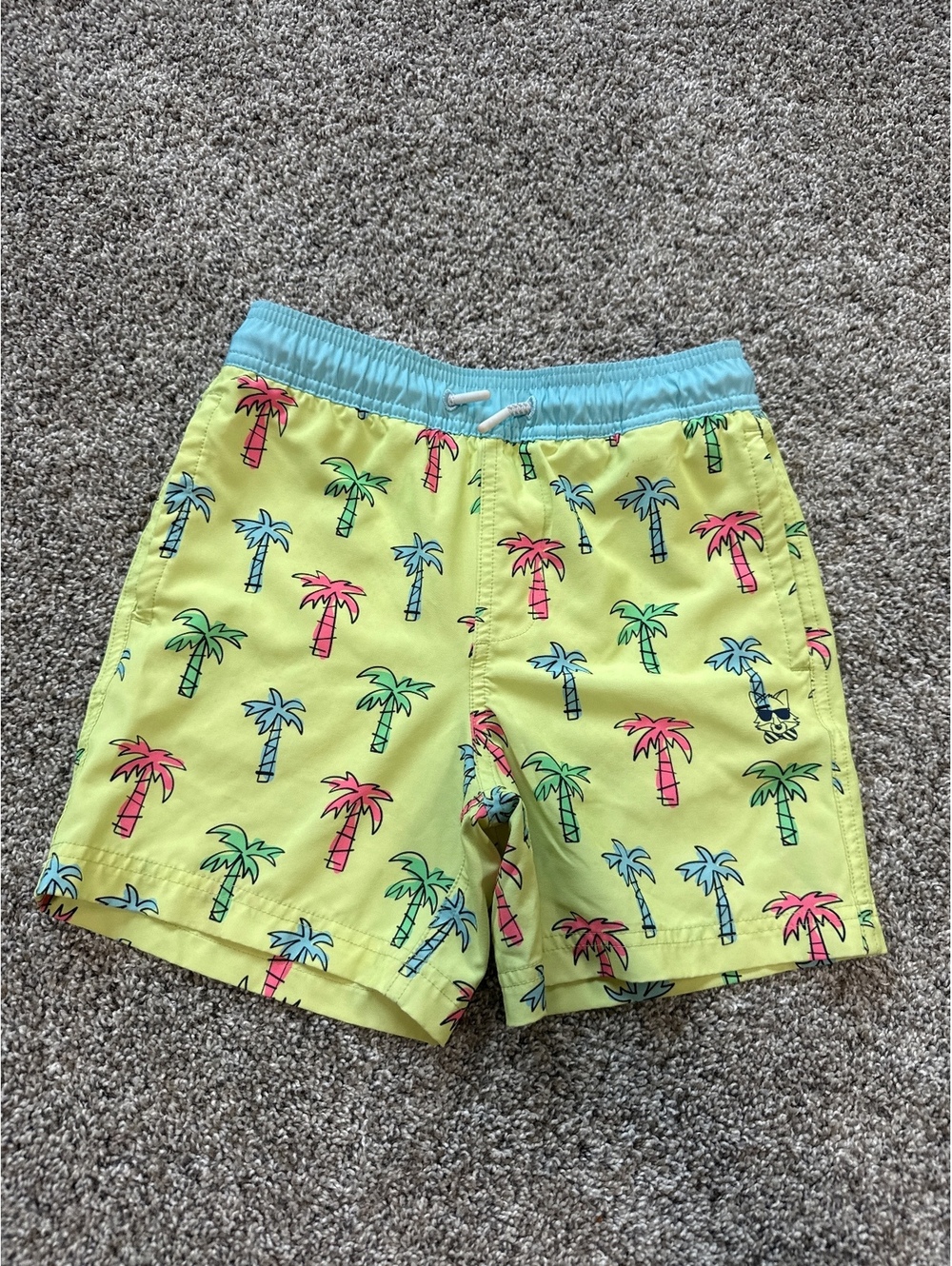 Kids Neon Palm Swim Trunks - Lime with Aqua Waistband